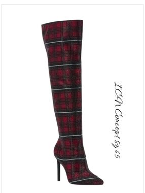 INC Saveria Red Plaid Rhinestone Over-The-Knee Stiletto Boots 6.5